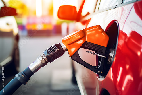 Car being filled with gasoline at fuel station.