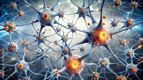 Illustration of brain cells affected by neurodegenerative diseases showing alpha-synuclein protein aggregates and Lewy bodies against a clean white background