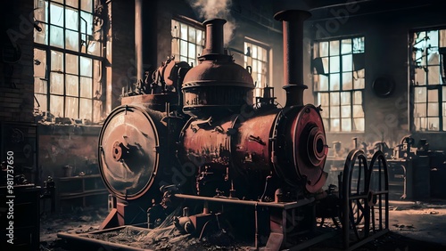 Rusty steam-powered generator in an abandoned factory