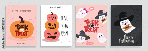 Halloween trick or treat vector poster set design. Trick or treat greeting text with pumpkins and ghost characters elements for horror party invitation card collection. Vector illustration holiday 