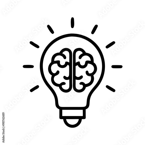 Brain inside lightbulb icon in black outline, creativity and intelligence concept