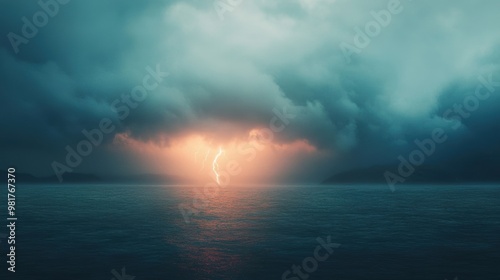 A powerful storm brews over the ocean as lightning pierces through thick, dark clouds during a moody twilight