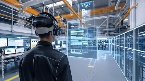 Industrial worker wearing a virtual reality headset, interacting with digital data and automation systems within a factory setting