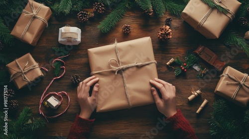 Creative gift wrapping in craft paper on wooden table a festive lifestyle from above