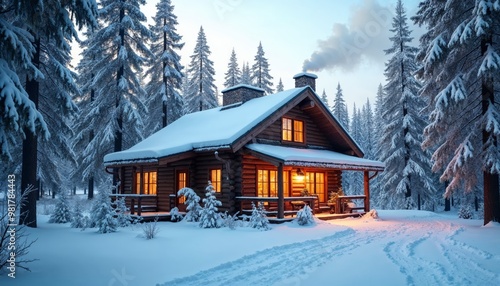 Cozy cabin in snowy forest with lights on in windows, warm inviting atmosphere