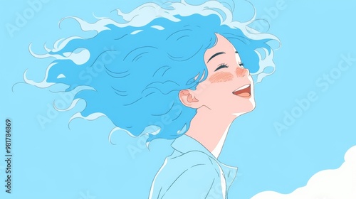 A cute girl with light blue hair laughing heartily in the sky, wearing an oversized shirt with blonde curls. The bright blue background enhances her joyful expression and carefree demeanor 