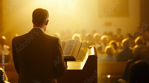 86. A minister stands at the pulpit, leading the congregation in prayer, with the Bible open in front of him, bathed in soft, warm light. The focus is on the holy book, symbolizing guidance and faith