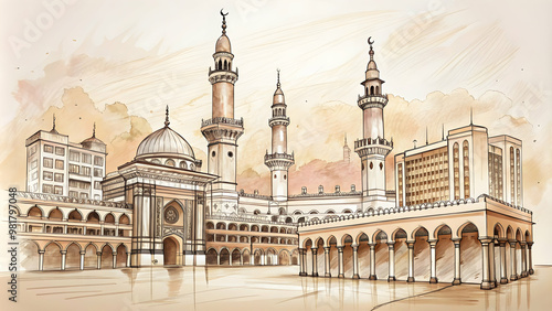 Ink sketch of the iconic landmarks in Mecca, Saudi Arabia, Mecca, ink sketch, art, architecture, Islamic, religious