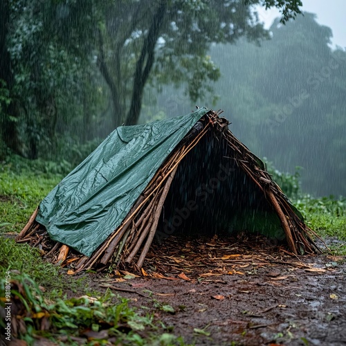 Camper constructing a debris hut from sticks and leaves in a heavy rain, camping survival, emergency rain shelter