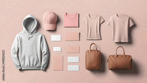 Create a realistic mockup of a design template. Soft colors. Classic stationery template. Hoodie, T-shirt, Hat, T-shirt, Cap, Travel bag, Business card, isolated on a plain white background.