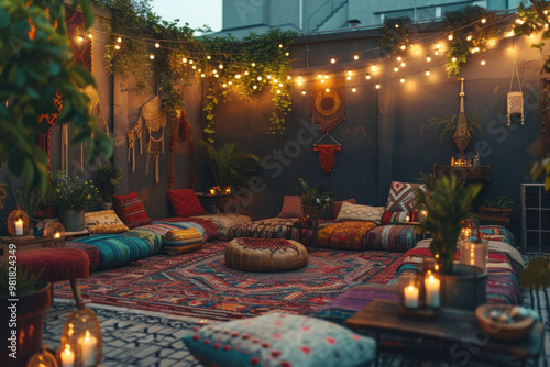 Cozy outdoor bohemian-style patio with hanging lights, colorful pillows, and rustic decor, perfect for relaxing and socializing in a peaceful atmosphere.