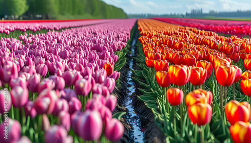 A blooming tulip field, rich in color, like a fairyland