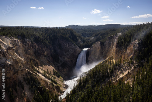 Yellowstone river waterfall view from lookout point at Yellowstone national park in Wyoming.