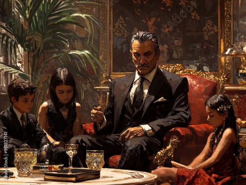 A mafia family in a luxurious living room, the patriarch instructing his children, passing down the code of the underworld to the next generation