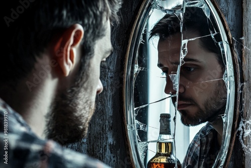 A man looking at his reflection in a cracked mirror, a bottle of alcohol in his hand, representing the destructive cycle of addiction