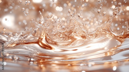 Abstract Water Splash with Golden Sheen and Bokeh Lights