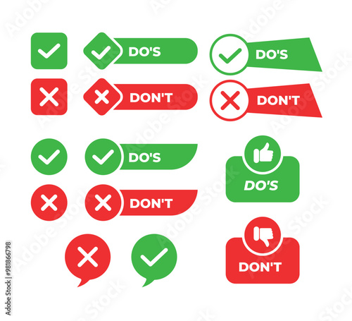 Set of do and don't button collection with thumb up and thumb down. choice concept illustration, tick and cross, good and bad symbols, like and dislike icons, check tick mark and red cross icons.