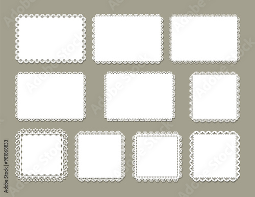 Set of Decorative white rectangle doily border, Vintage round lace paper doily frame, Paper Cutout Design, paper cutting, laser cut square frames. cute template for baby shower, wedding scrapbooking.