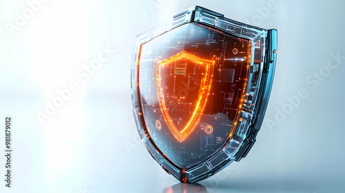 3D Holographic Election Security Shield Concept - Close-Up of Rotating Glowing Shield Symbolizing Integrity with Security Features & Encryption Icons on White Background