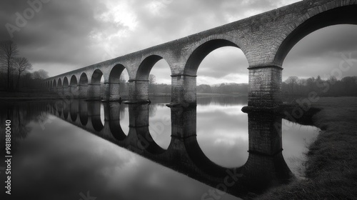 Black and white image of a stone viaduct reflecting in water.