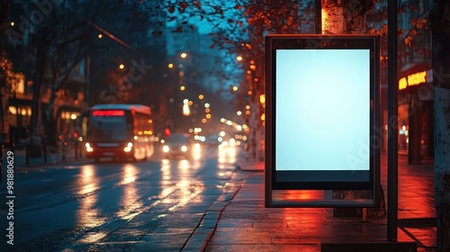 white banner light box for media advertisement at a bus stop on a city street at night