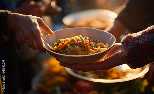 Hands passing a bowl of hot food during a community meal service.