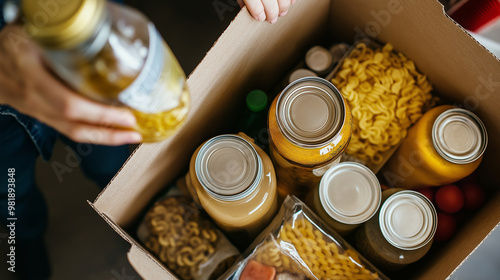 Hands placing apples and a canned drink into a cardboard food donation box.