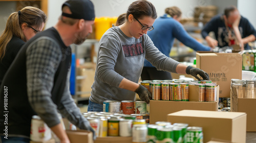 Volunteers sorting canned goods into boxes at a community food bank.