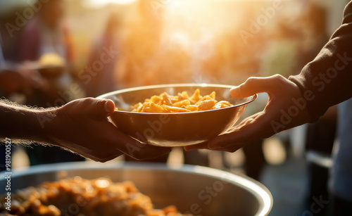 A person handing over a hot bowl of food in an outdoor food donation setting at sunset.