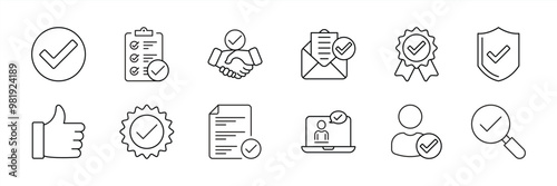 set of approval thin line icon. containing agreements, confirmation, certification, thumps up, validation, document, accept, checklist icon. vector illustration