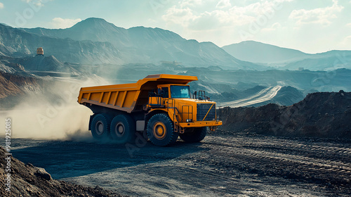 Large Yellow Mining Truck Driving Through Coal Mine – Dust and Mountains in the Distance