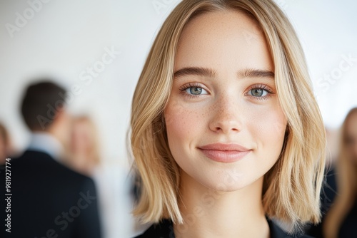 Closeup of a young woman with blonde hair and blue eyes