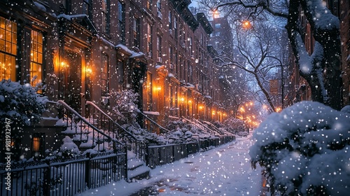 Peaceful snowy New York brownstone street at twilight with glowing lights