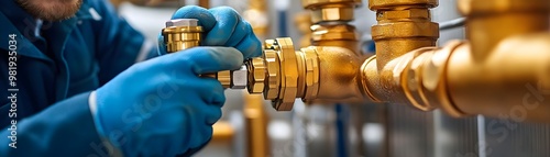 A close-up view of a worker installing or adjusting shiny brass plumbing fittings with blue gloves on, highlighting craftsmanship in plumbing.