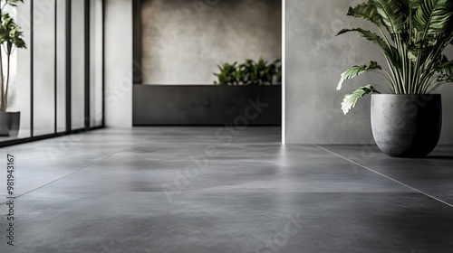 Grey Concrete Floor with Plant and Window in Modern Interior