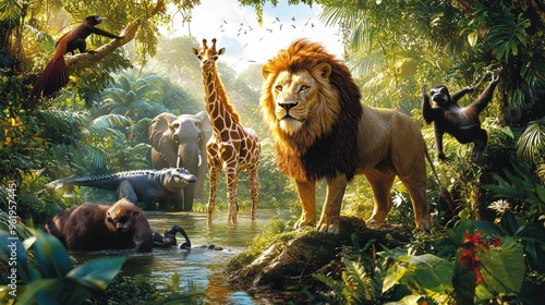 A vibrant jungle scene showcasing a lion, giraffe, elephant, and various animals gathered near a lush waterway during daylight hours