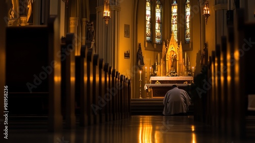 Persona rezando en una iglesia vacía frente a un altar iluminado por la suave luz de las velas durante el Día de Todos los Santos. La escena refleja un momento de profunda espiritualidad y devoción.