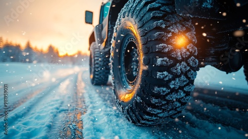 Winter Road Adventure Close-Up View of a 4x4 Tire Traversing a Snowy Path During Scenic Sunset