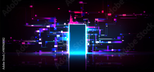 Future door background. Digital futuristic neon light for opportunity. Open matrix portal to innovation space. Education through doorway for cyber science discovery design. Pixel hud graphic