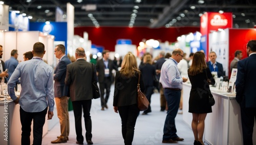 Blurred rear view of people browsing booths at an exhibition.