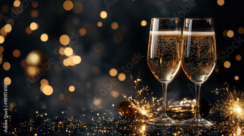 2024 new year celebration with champagne in luxury gold and sparkles and firework in dark