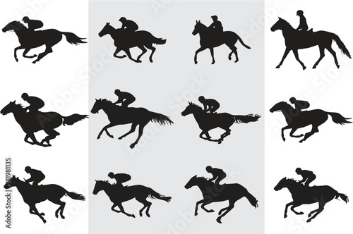 Horse Racing Competition icons. Jockeys on horses galloping on the racetrack. Silhouettes of riders, Racing horse and jockey on white background. eps 10