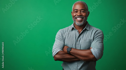 The image shows a joyful and confident black man standing with his arms crossed against a green screen background. His expression is warm, radiating happiness and pride. The subject is elegantly dress