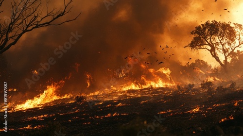 A wildfire driven by strong winds rips through a national park, consuming trees and vegetation, leaving behind a charred landscape as wildlife flees the inferno.