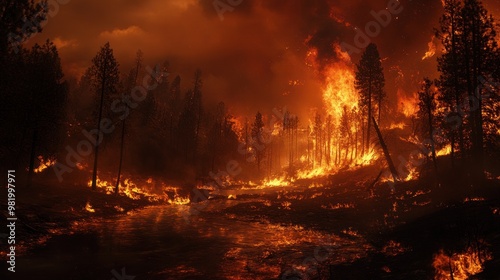 A wildfire driven by strong winds rips through a national park, consuming trees and vegetation, leaving behind a charred landscape as wildlife flees the inferno.