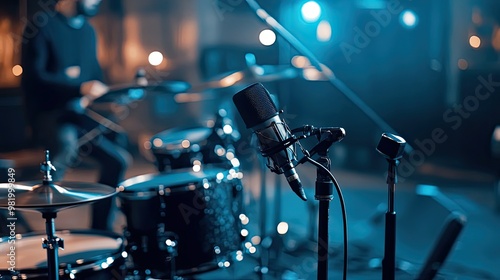 Close-up of a Microphone in a Blurry Drum Set Setup