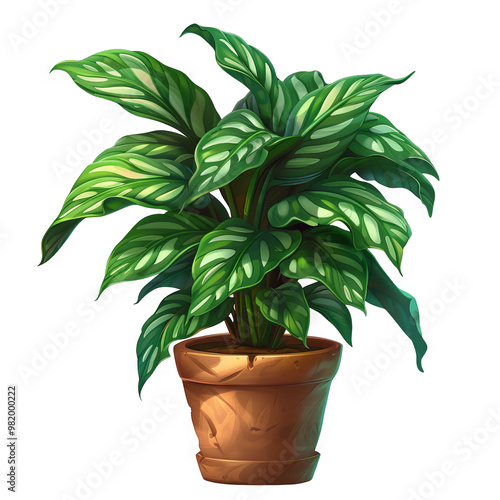 A detailed illustration of a potted plant with lush green foliage against a white background