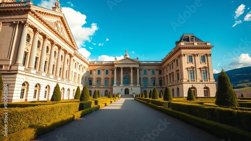 A majestic Neoclassical building with pedimented frontage, ornate facades, and sprawling gardens stretches towards a