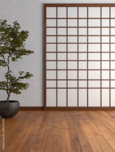 A serene interior featuring a minimalist wooden floor and a decorative plant beside a traditional shoji screen wall