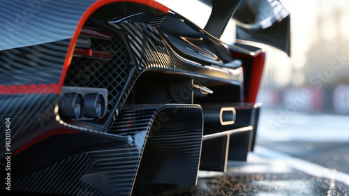 Close up of race cars rear wing and diffuser, showcasing intricate carbon fiber details and sleek design elements. image captures essence of high performance engineering and speed